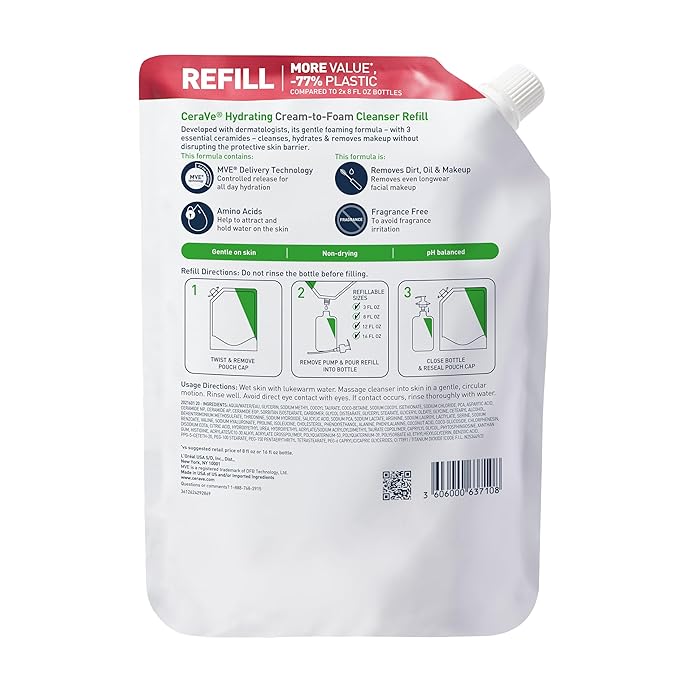 CeraVe Hydrating Cream To Foam Cleanser, Makeup Remover Face Wash For Dry Skin, Foaming Facial Cleanser With Hyaluronic Acid, Normal To Dry Skin, Fragrance Free & Non Comedogenic, 16 Ounce Refill