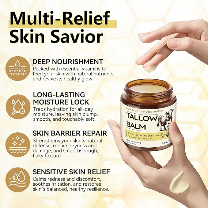Beef Tallow for Skin, Organic Tallow and Honey Balm for Face, Natural Face Moisturizer, Grass Fed Beef Tallow Skin Care Cream Body Butter, Deep Hydrate and Nourish Dry Skin