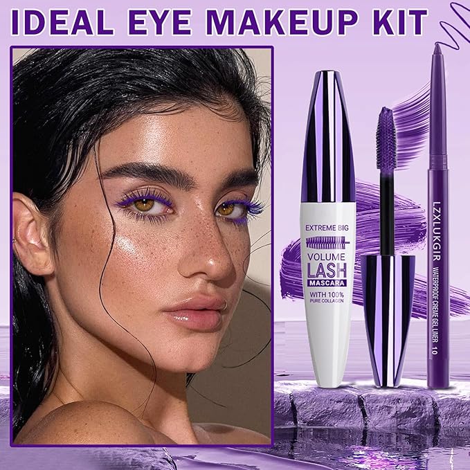 Purple Mascara and Eyeliner Set,5D Colored Volume and Length Waterproof,Purple Mascara for Eyelashes,Natural Lengthening Curling,Suitable for Women