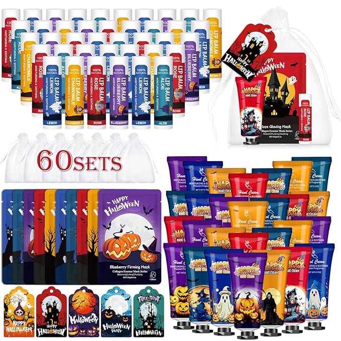 60 Pack Bulk Halloween Facial Mask, Hand Cream and Lip Balm Sets, Halloween Gifts, Halloween Party Favors, Halloween Decorations and Halloween Basket Stuffers with Halloween Card and Organza Bags