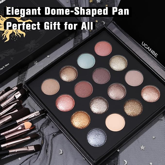 UCANBE Baked Eyeshadow Palette with 15PCS Brushes Makeup Set, 16 Color Natural Nude Matte Shimmer Metallic Eye Shadow Make Up Pallet for Women Girls, High Pigmented Long Lasting Waterproof
