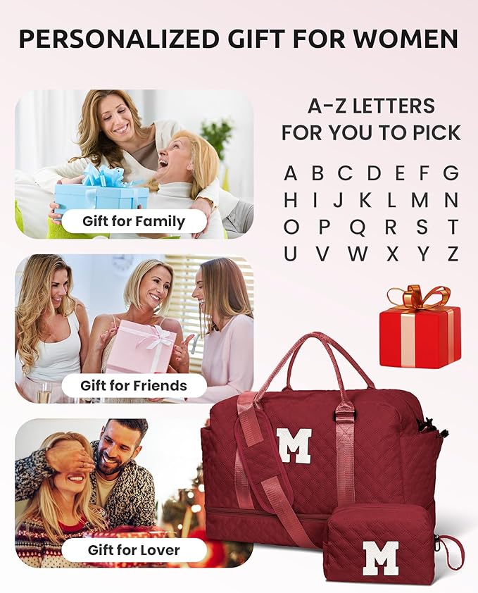 Personalized Gifts-Initial Overnight Bag with Shoe Compartment, Personalized Weekender Bag, Monogram Overnight Bag, Letter Travel Bag with Makeup Bag,Birthday Gift For Women Girl (Letter Q)