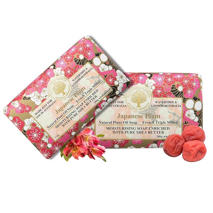 Wavertree & London Japanese Plum Scented Natural Soap (2 Bars), 7oz Moisturizing French Triple Milled Soap Bars enriched with shea butter - Pure Plant Based Bath & Body Bars for All Skin Types