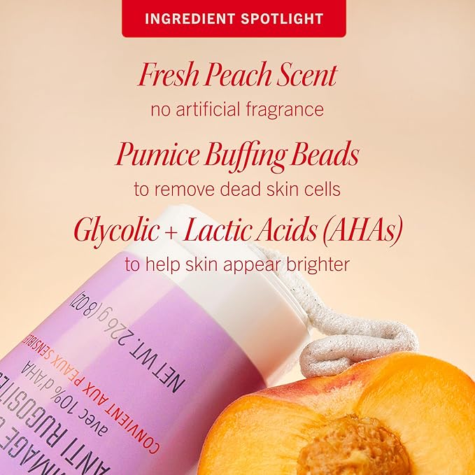 First Aid Beauty - KP Bump Eraser Body Scrub with 10% AHA, Keratosis Pilaris Exfoliator with Glycolic and Lactic acids, Helps Reduce Chicken Skin Bumps, Safe for Sensitive Skin, Peach Scent (2 oz)