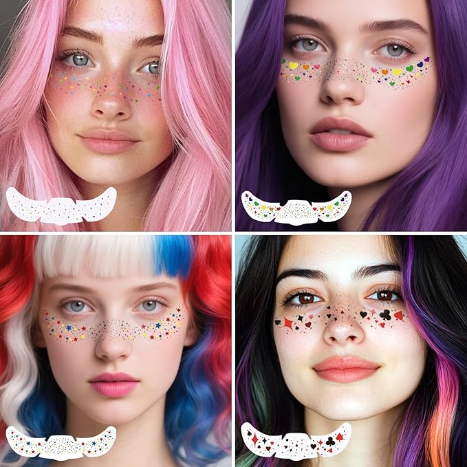 8Pcs Face Makeup Patches, Glitter Freckles Face Tattoo for Teenagers & Young Women, Sparkle Freckles Makeup Patches, Waterproof Face Glitter Freckles for Christmas (8PcsE Rainbow)