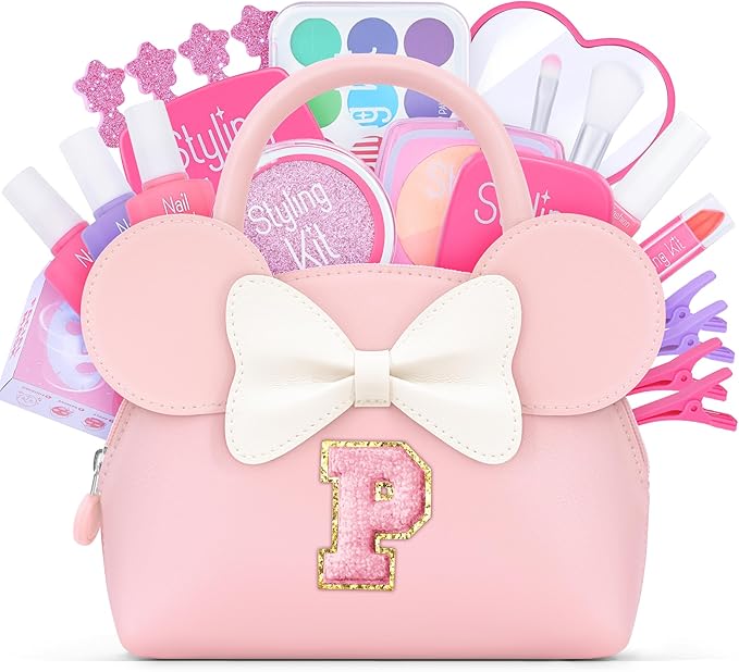 Pretend Makeup Kit for Girls Kids Toddlers - Initial Purse & Makeup Sets for Kids Make Up Toys Gifts for Girls Kid P
