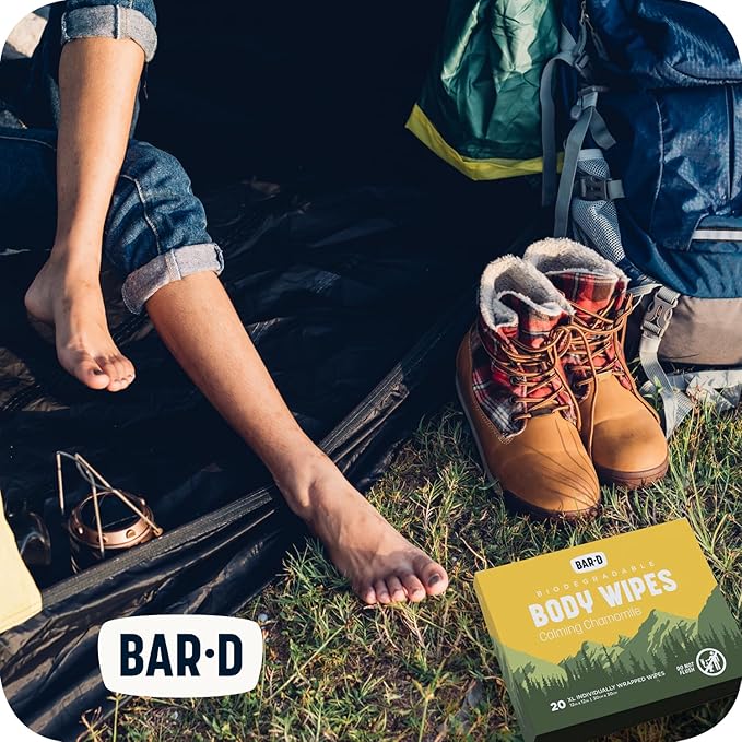 Bar-D Cleansing Face & Body Wipes for Women and Men - Individually Wrapped Biodegradable Shower Wipes with chamomile, 12x12 Inch, Pack of 20 (20 Count/Box), Chamomile scent