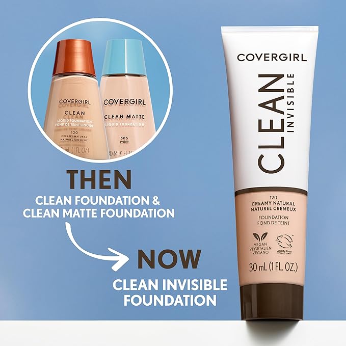 COVERGIRL Clean Invisible Foundation Makeup, Dewy & Glowy Natural Finish, Buildable Coverage, Skin-Like Smooth Look, Vegan, Perfect Beige, 1oz