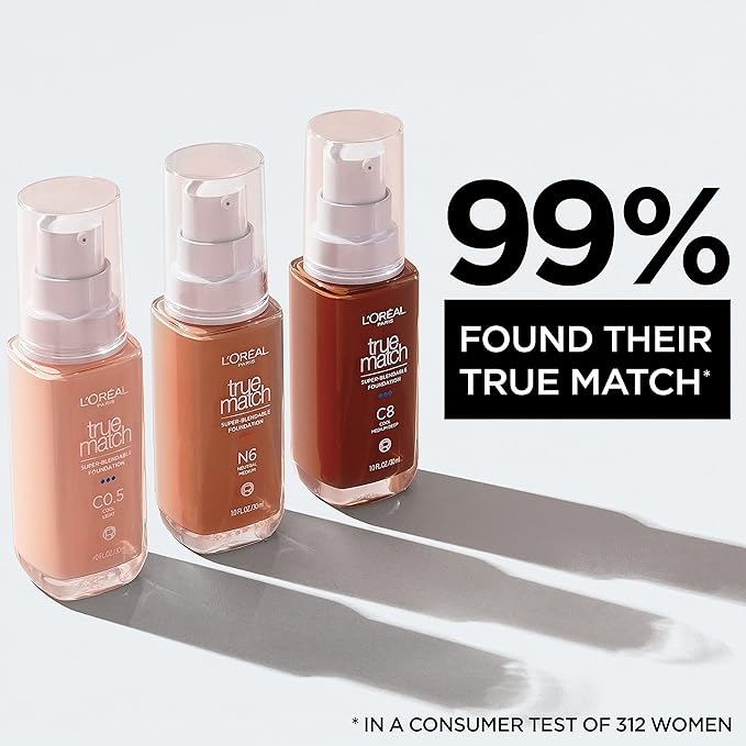 L'Oreal Paris True Match Super-Blendable Foundation, Medium Coverage Liquid Foundation Makeup, W2, Light, 1 Fl Oz