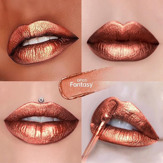 Bronze Lipsticks for Women Metallic Lipstick Long Lasting Non Stick Cup Lip Gloss, Metal Shine Lightweight Hydrating Full Coverage Lip Color, P103 Fantasy