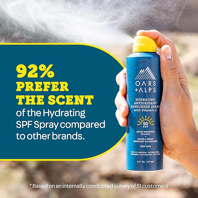 Oars + Alps Hydrating SPF 50 Sunscreen Spray, Naturally Derived Skin Care Infused with Vitamin C and Antioxidants, Water and Sweat Resistant, 6 Oz Each, 2 Pack