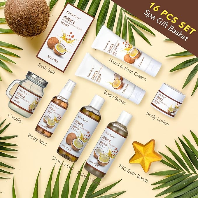 Spa Gift Basket Luxury Bath and Body Basket Set 17-Piece Coconut Honey Almond for Women for Mom for Her Pampering Large Luxury Home Spa Kit, Relaxing Self Care Pamper Gifts Birthday Bridal Shower Bath