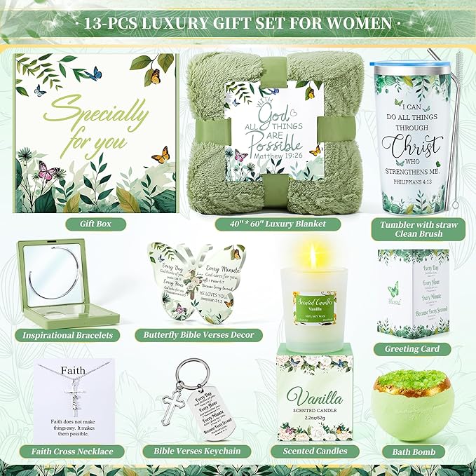 Fortuning's JDS 13PCS Christian Gifts for Women Faith- Inspirational Religious Catholic Gifts Basket, Green Self Care Package Get Well Soon Gifts,Birthday Gifts, for Mom Her Wife Girlfriend Friend