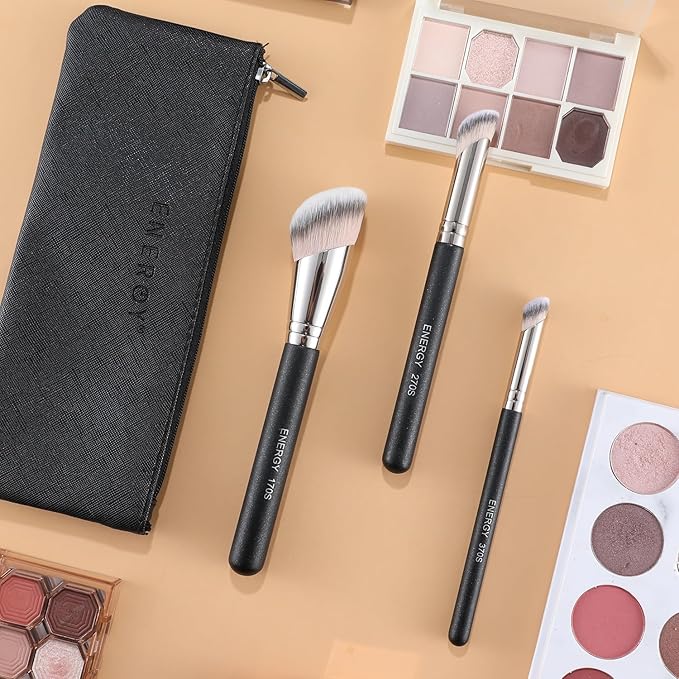 ENERGY Travel Makeup Brush Set with Bag Professional Angled Powder Foundation Bronzer Nose Contour Concealer Brushes for Liquid Cream Blending Face Make Up Applicators