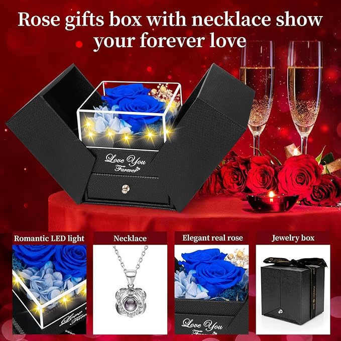 2 Preserved Real Rose with Heart I Love You Necklace- Eternal Rose Birthday Gifts for Women Wife Girlfriend Her Mom Grandma on Festivals Gifts Christmas Valentines Mothers Day Anniversary-Blue Rose