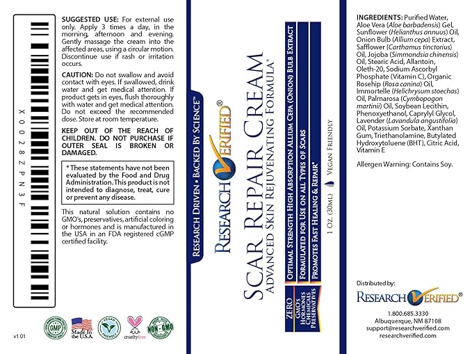 Research Verified Scar Repair Cream - 1 Bottle - Vegan-friendly - Made In USA