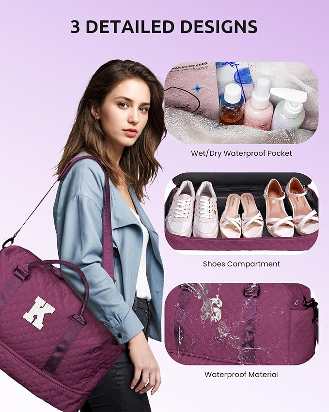 Bride To Be Gifts, Gifts for Women-Initial Travel Bag with Shoe Compartment, Personalized Weekender Bags, Monogram Overnight Bag for Women, Letter Travel Bags with Makeup Pouch (Letter I)