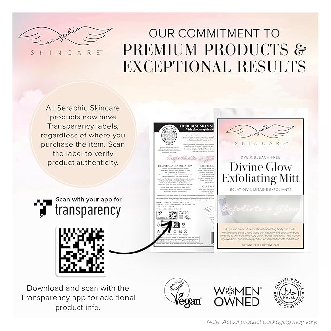 Seraphic Skincare (Original) Divine Glow Exfoliating Mitt (1pcs) – 100% Vegan Viscose Traditional Body Scrub Glove Kessa Korean Washcloth – Body Exfoliator for Self-Tan Removal & Keratosis Pilaris