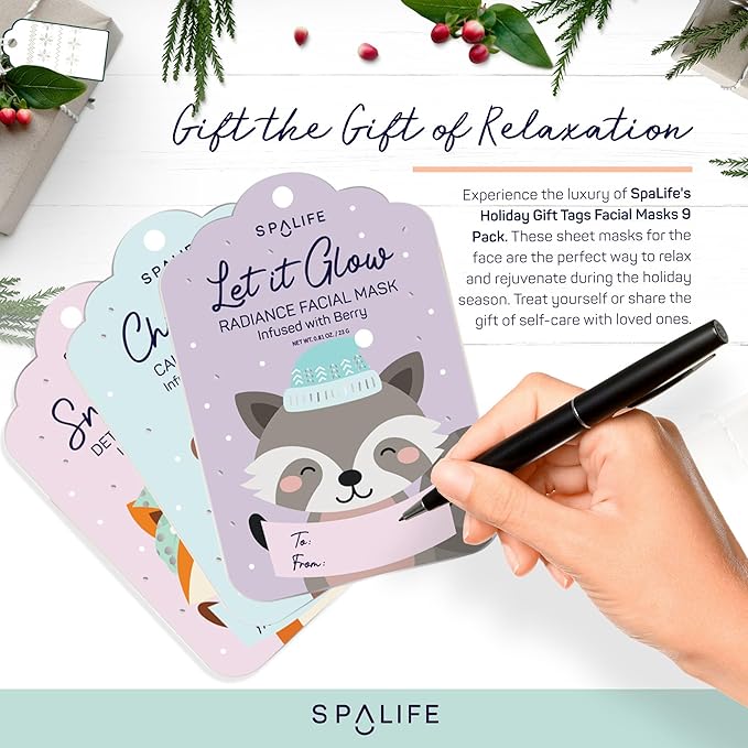 SpaLife Beauty Holiday Gift Tags Christmas Face Mask Bundle | Korean Facial Masks | Hydrating, Tone Evening, Refreshing Christmas Sheet Mask Set | Christmas Gifts for Women | 9 Pack