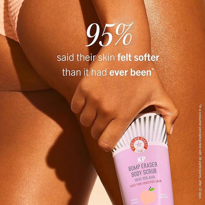 First Aid Beauty - KP Bump Eraser Body Scrub with 10% AHA, Keratosis Pilaris Exfoliator with Glycolic and Lactic acids, Helps Reduce Chicken Skin Bumps, Safe for Sensitive Skin, Peach Scent (2 oz)