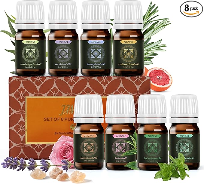 Essential Oils Gift Set – 8×5ml for Sauna Aromatherapy, Diffuser, Spa & Candle Making – Lavender, Frankincense, Peppermint, Rosemary, Tea Tree, Lemon Eucalyptus & More