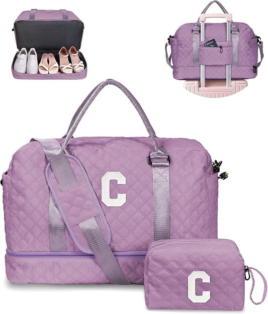 Birthday Gifts for Women-Initial Duffle Bag with Shoe Compartment, Personalized Weekender Bag, Monogram Overnight Bag, Letter Travel Bag with Makeup Bag,Friend Wife Birthday Gift (Letter C)