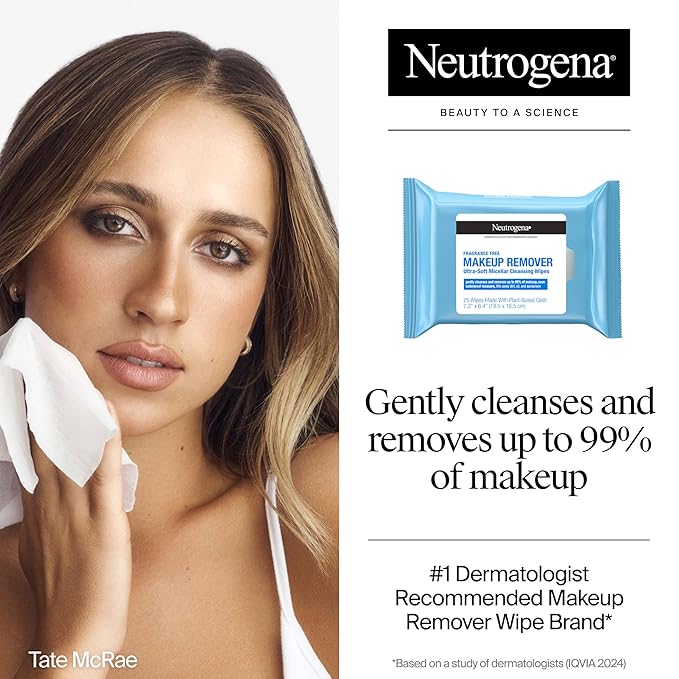 Neutrogena Fragrance-Free Makeup Remover Wipes, Daily Facial Cleanser Towelettes, Gently Removes Oil & Makeup, Alcohol-Free Makeup Wipes, Twin Pack, 2 x 25 ct