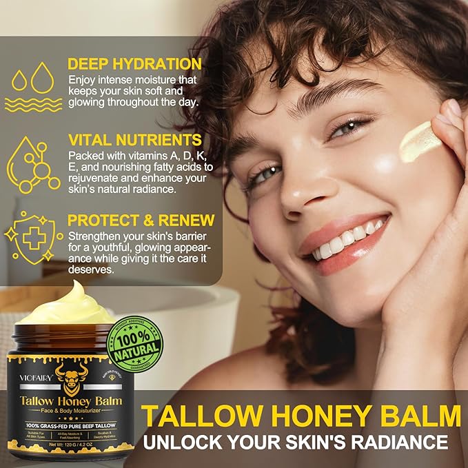 Beef Tallow for Skin, Tallow and Honey Balm for Face - 100% Organic Grass-Fed Beef Tallow & Raw Wild Honey - Moisturizing Cream for Soft, Smooth Skin- Light Scent, Moisturizing Natural Formula, 4.2 Oz