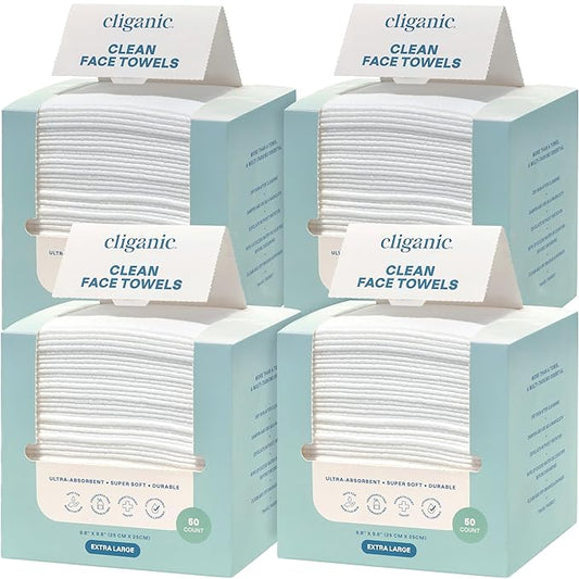 Cliganic Clean Face Towels XL, Bulk Size (200 Count), Disposable, Ultra-Absorbent, Hypoallergenic & Soft - Makeup Remover Dry Wipes, Pamper Your Face, Hygienic Towelettes, for All Skin Types