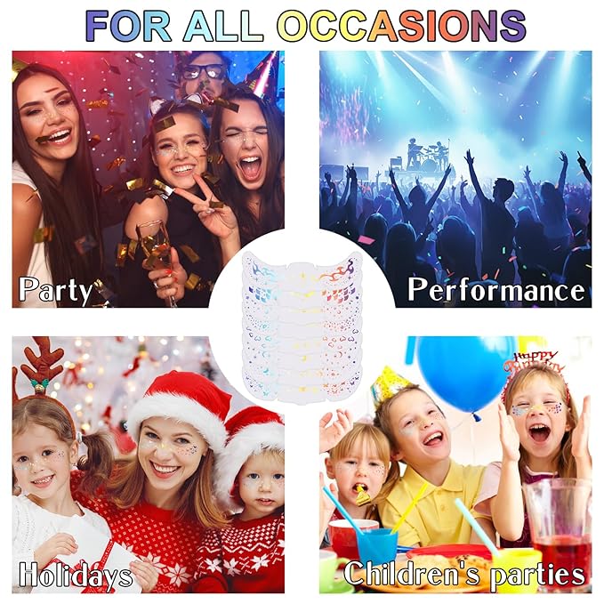 8 Pcs Holographic Multicolor Glitter Freckles Face Tattoo, Glow Up Cosmetic Glitter for Face, Sparkle Makeup Patches, Waterproof Face Speckles for Christmas (8PcsG Holographic Multicolor)