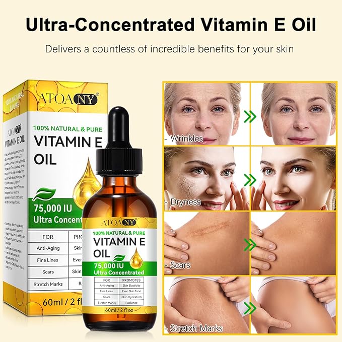 Vitamin E Oil, 75,000 IU Organic Pure Vitamin E Oil for Tightening Plump Skin, Reduce Fine Lines & Scars, Moisturizing Skin, Face & Full Body- 2Fl Oz