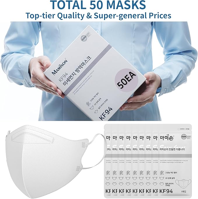 50 Packs, Made in KOREA Premium KF94 Fine Dust Protection Individually Packaged Face Mask