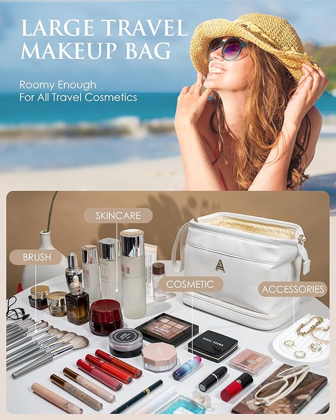 Birthday Gifts-Teen Girl Gifts Trendy Stuff Initial Large Makeup Bag for Women, Personalized Double Layer Cosmetic Bag with Makeup Brush Organizer, PU Leather Travel Toiletry Bag,Bride Gift