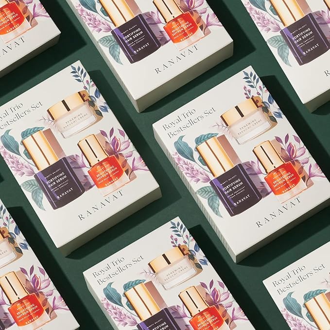 RANAVAT Royal Trio Travel Size Gift Set - Brightening Saffron Face Serum, Renewing Bakuchi Face Cream & Fortifying Hair Serum (3 Count)