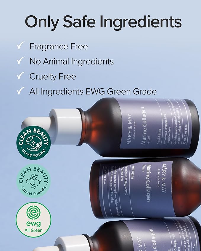 Mary&May Marine Collagen Serum - Hydrolyzed Low Molecular Collagen for Skin Firming and Replenishing, Hydrating - Korean Skincare, Fragrance Free, 1.01 fl.oz.