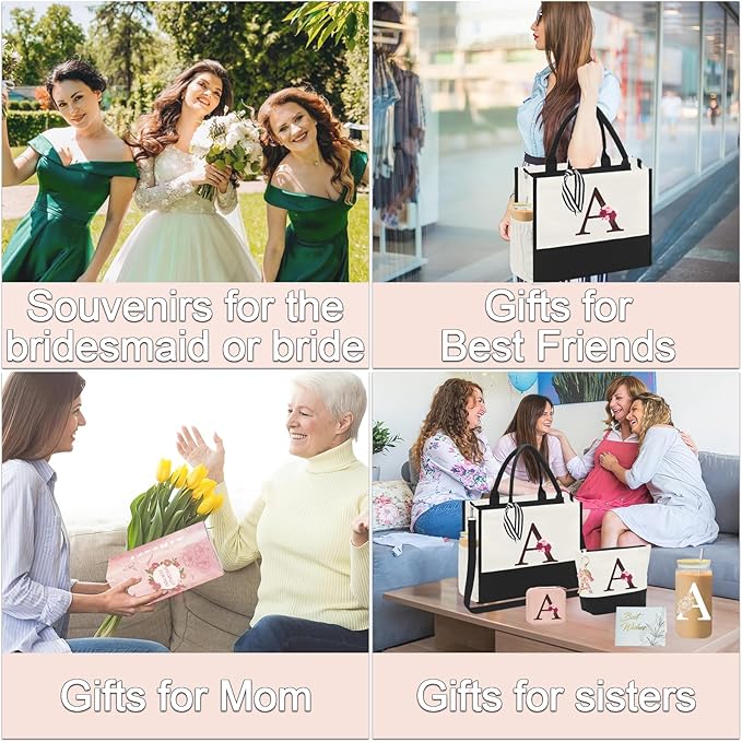 Birthday Gifts for Women,Initial Canvas Tote Bag,Initial Gift for Women,16oz Initial Glass Cup,Initial Makeup Bag with Zipper,Jewelry Organizer Box,Personalized Gifts for Mom-A
