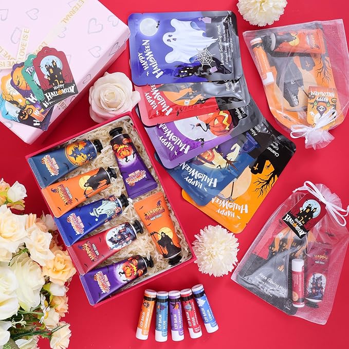 60 Pack Bulk Halloween Facial Mask, Hand Cream and Lip Balm Sets, Halloween Gifts, Halloween Party Favors, Halloween Decorations and Halloween Basket Stuffers with Halloween Card and Organza Bags