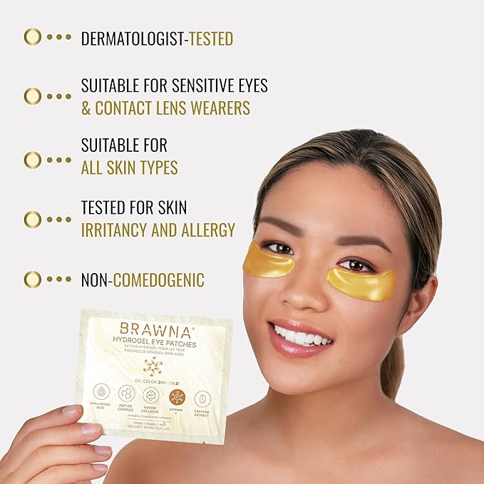 BRAWNA 24K Gold Hydrogel Undereye Mask Patch with Vitamin C, Caffeine, Callogen, Peptides, Hyaluronic Acid - for Dark Circles, Puffy Eyes, Undereye Bags, Wrinkles - 24 Pairs