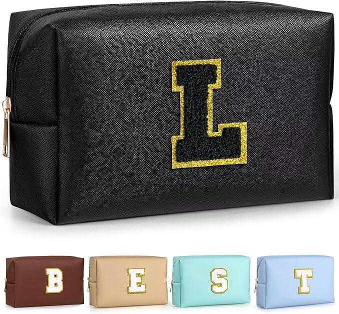 TOPEAST Personalized Birthday Gifts for Women, Preppy Patch Makeup Bag, Chenille Letter Pouch Cosmetic Bag, Travel Organizer, Birthday Gifts for Friends, Cute Stuff (Black L)