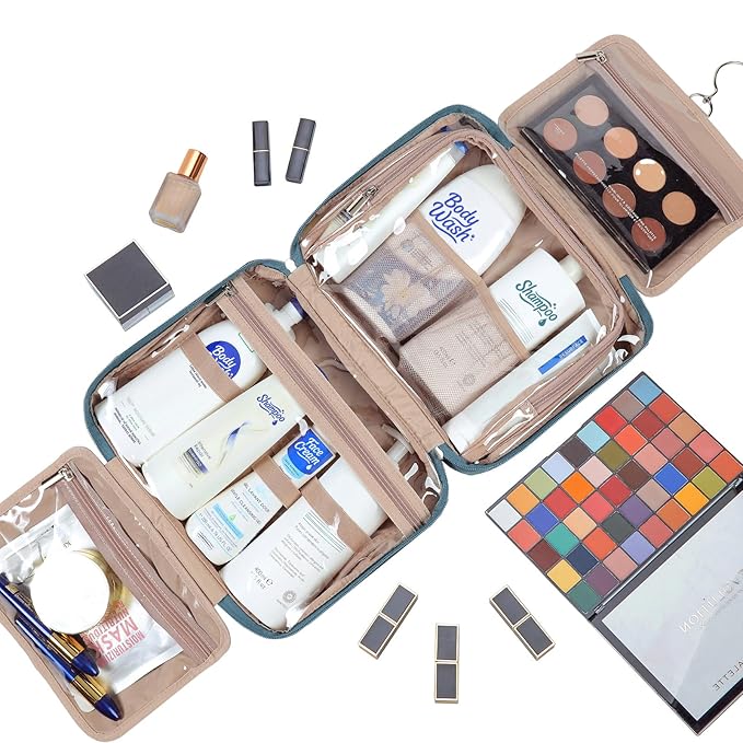 NISHEL Travel Toiletry Bag for Women Large Capacity, Makeup Essentials Organizer, Hanging Case for Accessories, Cosmetics, Lake-Blue