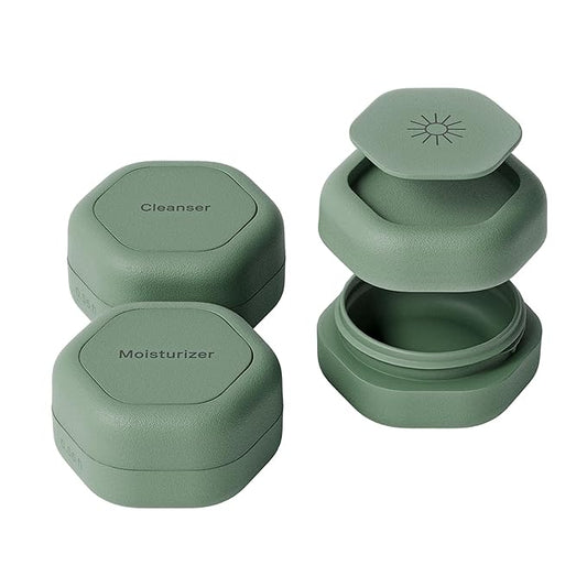 Cadence Travel Containers Basic Skincare Set - Magnetic Containers with Lids,Carry On Travel Essentials For Women/Men - 3 Small Capsules (0.56oz) - Cleanser, Moisturizer & Sun-Icon Labels - Eucalyptus