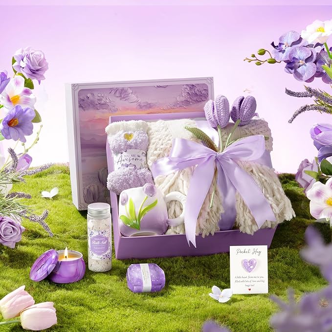 Birthday Gifts for Women Self Care Set Get Well Soon Gift Baskets, Relaxing Lavender Spa Gift Basket Care Package for Women, Unique Xmas Gifts for Mom Her Girlfriend Sister Friend Wife Grandma