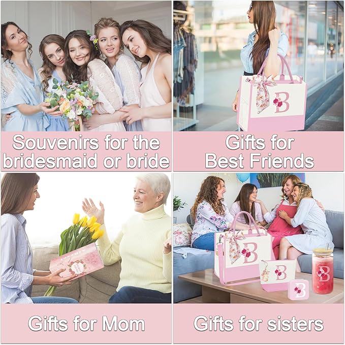 Initial Canvas Tote Bag,Birthday Gifts for Women,Monogrammed Gifts for Women,Initial Glass Cup,Personalized Gifts for Women,Initial Makeup Bag,Unique Gifts for Mom Sister Bestie-B