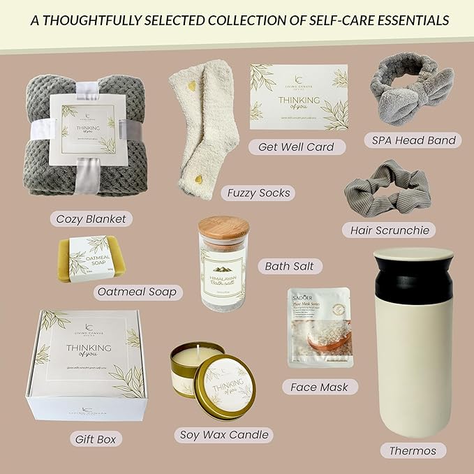 Self Care Gifts for Women 11 Piece, Womens Get Well Gifts for Mom Girlfriend Wife Daughter, Women’s Spa Gifts Baskets With Bath Salts, Oatmeal Soap, Blanket, Encouraging Inspirational Gift Basket, Whi