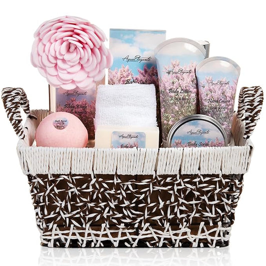 Spa Baskets For Women - Luxury Bath Set With Lilac & Rose Oil - Spa Kit Includes Wash, Bubble Bath, Lotion, Bath Salts, Body Scrub, Hand Cream, Shower Puff, Bathbombs, Soap and Towel