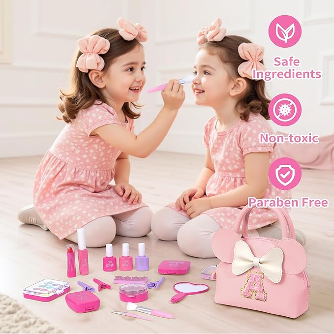 Kids Real Makeup Kit for Girls - 21Pcs Non-Toxic Make Up Toys with Initial Toddler Purse - Personalized Birthday Gifts for Age 5 6 7 8 9 10 Years Old Girls Vanity Set - A