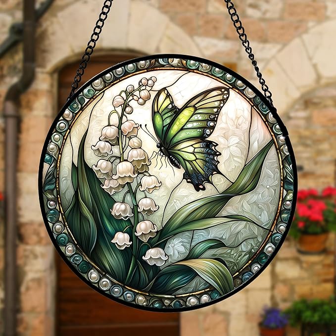 Stained Glass Window Hanging, Lily of The Valley Flower Butterfly Suncatcher for Doors Home Sun Catchers Decoration and Christmas, Mother's Day Birthday Gifts for Women, Men, Mom 11.8x11.8 in
