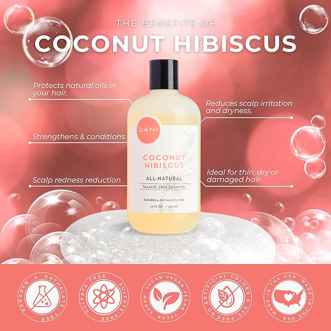 DANI Naturals Moisturizing Shampoo - Coconut Hibiscus - Sulfate-Free, Strengthens & Conditions Dry, Thin, Damaged Hair - Color-Safe, Organic Ingredients, 12 oz
