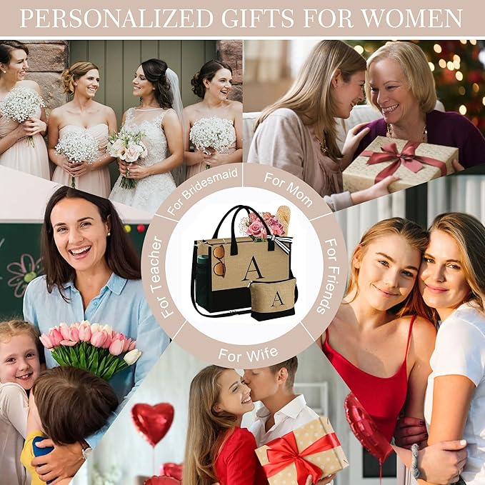 YOOLIFE Personalized Gifts for Women - Initial Jute Tote Bag & Makeup Bag, Birthday Gifts for Women Mom Wife Teacher Friend