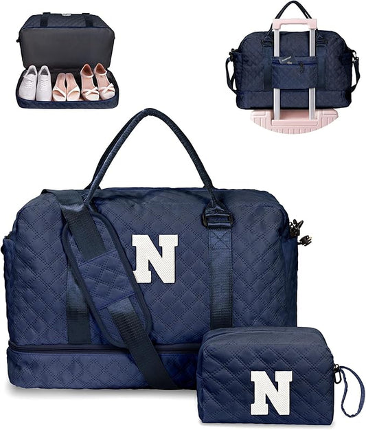 Birthday Gifts for 11 12 13 14 15 16 17 18 Year Old Girls-Initial Duffle Bag with Shoe Compartment, Personalized Weekender Bag, Monogram Overnight Bag, Travel Bag with Makeup Bag (Letter N)